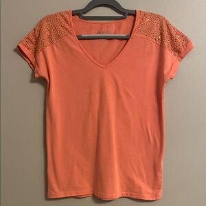Coral Short Sleeve Tee with Embellished Shoulders